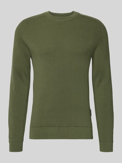 Produktfoto, Slim Fit Pullover in Strick-Optik Modell 'Nordin' von Casual Friday aus reiner Baumwolle in Olivgrün, Rundhalsausschnitt, glatte Struktur