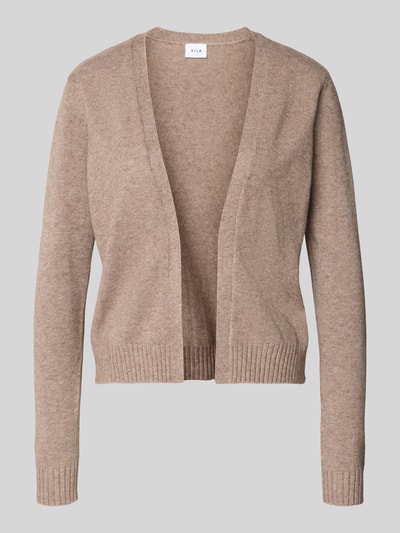 Produktfoto, Cardigan aus Viskose-Mix mit offener Front Modell 'VIRIL' von Vila in Beige, Gerader-Schnitt, Gerippte-Abschlüsse, Rückenlänge 54 cm, Ärmellänge 63 cm.