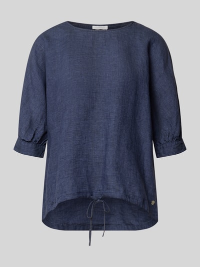 Produktfoto, Leinenbluse mit Kordelzug und Rundhalsausschnitt von Fynch-Hatton in Dunkelblau, reine Leinen, Loose-Fit, 3/4-Arm