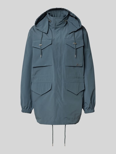 Produktfoto, Windbreaker mit Pattentaschen von Kenzo in Blau, lockere Passform, Tunnelzug, aufgesetzte Taschen, Reißverschluss, glatte Textur.