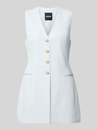 Produktfoto, Slim Fit Longblazer ohne Ärmel Modell 'JULINIAL' von BOSS in Unifarbe mit V-Ausschnitt, einreihiger Knopfleiste und Eingrifftaschen aus reiner Viskose.