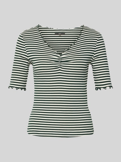 Produktfoto, T-Shirt mit Wellensaum von Zero im Slim-Fit aus Bio-Baumwoll-Elasthan-Mix, V-Ausschnitt, Rückenlänge 52 cm in Größe 36, schwarz-weiß gestreift