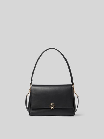 Produktfoto, Shoulder Bag mit Logo-Detail von Tory Burch in Schwarz mit Überschlag, abnehmbarem Schulterriemen, Hauptfach und Reißverschlussfach, Maße 24x19x9 cm