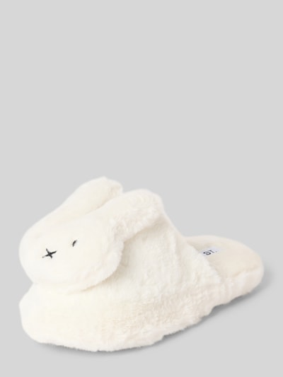 Produktfoto, Hausschuhe aus Kunstfell Modell 'Miffy' von DAISY STREET, weißes flauschiges Material, abgerundete Form, 3 cm Absatz, Motiv-Design
