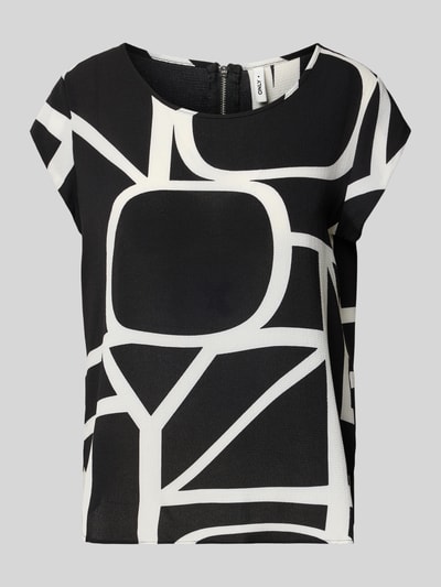 Produktfoto, Relaxed Fit Blusenshirt in Crêpe-Verarbeitung Modell 'VIC' van Only met all-over motief, zwarte en witte abstracte vormen, materiaalverwerking: crêpe