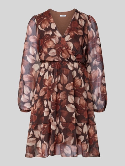 Produktfoto, Minikleid met V-hals model 'Ni44mi' van ZABAIONE in A-lijn met laagjes, bruin en beige bloemenprint, transparante structuur.