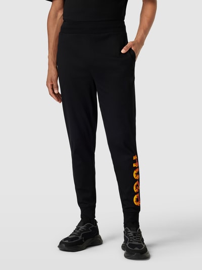 HUGO Sweatpants met label- en motiefstitching, model 'Flames' Zwart - 4