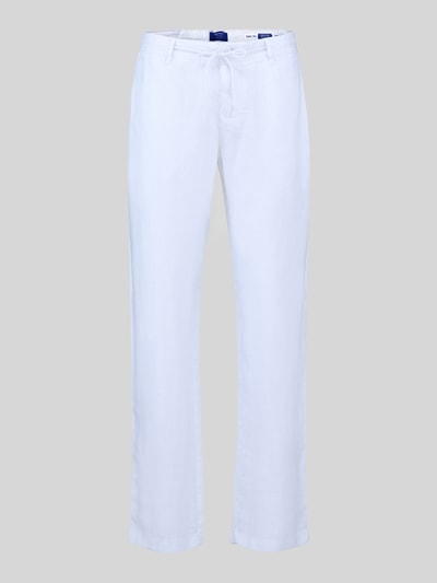 Produktfoto, Regular Fit Leinenhose aus reinem Leinen von MCNEAL in Weiß, glatte Struktur, Schnürung, Gesäßtaschen, grauer Hintergrund
