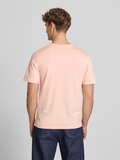 Männermodel trägt Herren T-Shirt mit Label-Print Modell 'CASSIS' von Jack & Jones aus Reine Baumwolle, Regular-Fit, Rückenansicht Ganzkörperansicht.