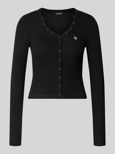 Produktfoto, Slim Fit Longsleeve aus Baumwoll-Mix von GUESS, schwarz mit durchgängiger Knopfleiste und Logo-Stitching, feine Rippstruktur.