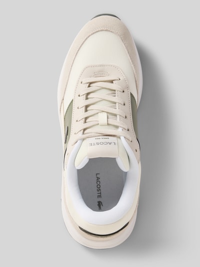 Produktfoto, mehrfarbiger Low Top Sneaker mit Leder-Details Modell 'RUN SET' von Lacoste, abgerundete Schuhspitze, Mesh, Velours, Glattleder, Label- und Logo-Applikationen, flache Sohle, profiliert, Schnürung.