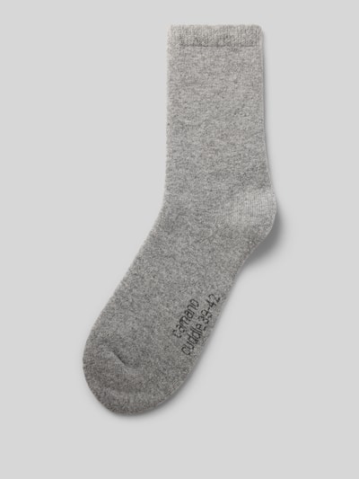 Produktfoto, Socken aus Woll-Mix von camano in Hellgrau, elastisches Rippbündchen, Label-Detail, weiche Textur