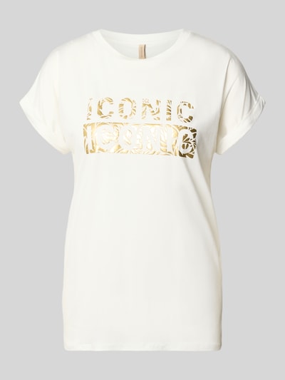 Produktfoto, Damen T-Shirt mit Rundhalsausschnitt, Print und Aufschlag-Ärmel aus Lyocell-Elasthan-Mix, Relaxed-Fit, Modell 'MARICA' von Soyaconcept, Rückenlänge 62 cm bei Größe S, Weiß mit goldfarbenem Print, glatte Struktur.