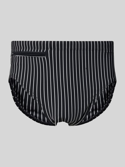 Produktfoto, Badehose im Allover-Look mit Reißverschlusstasche von Schiesser, schwarzes Modell mit weißen Streifen, elastischer Bund, körpernahe Passform