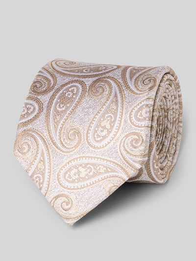 Produktfoto, Seidenkrawatte im Allover-Look (7,5 cm) von OLYMP, beige-goldenes Paisley-Muster auf seidiger Textur, klassische Form, Label-Detail, reine Seide, Breite 8 cm