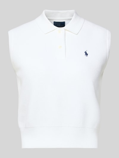 Produktfoto, Slim Fit Pullunder aus Baumwoll-Mix von Polo Ralph Lauren in Weiß, unifarben, Strickstruktur, Polokragen, V-Ausschnitt, Logo-Stitching
