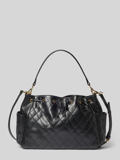 Produktfoto, schwarze Handtasche mit Steppnähten Modell 'CHARLIE' von MANGO, Kordelzug, goldene Details, strukturierte Lederoptik.