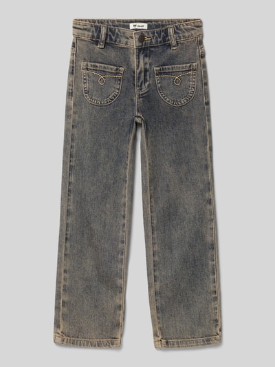 Produktfoto, Straight Fit Jeans mit aufgesetzten Taschen von Steiff aus elastischem Baumwoll-Mix, mittelblaue Waschung, sichtbare Nähte, Kinderjeans