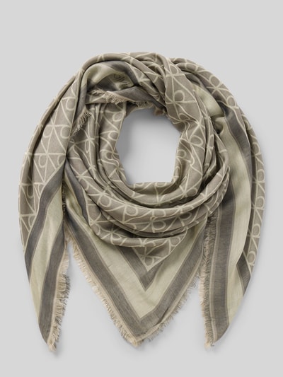 Productfoto, meerkleurige sjaal met all-over motief, labelopschrift en jacquard materiaalverwerking, volledig van modal, Tuch aus reinem Modal Modell 'EMBLEM AOP JACQUARD SQUAR' van CK Calvin Klein