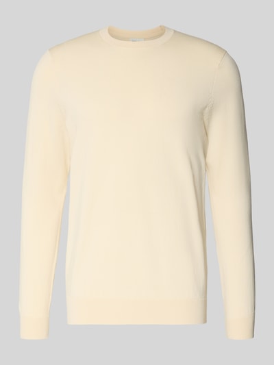 Produktfoto, Regular Fit Strickpullover mit Seide-Anteil von Profuomo, mieszanka lyocellu i bawełny, okrągły dekolt, prążkowane wykończenia, kolor jasny beż.