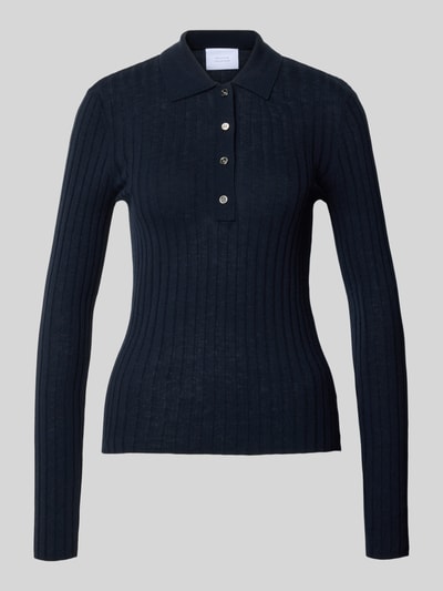 Produktfoto, donkerblauw Dames poloshirt van Style Icon Collection, puur katoen, skinny fit, Polokraag, riblook, met lange mouwen, tricotlook, ruglengte maat S 59 cm, mouwlengte maat S 66 cm, Henley-Shirt aus Wolle