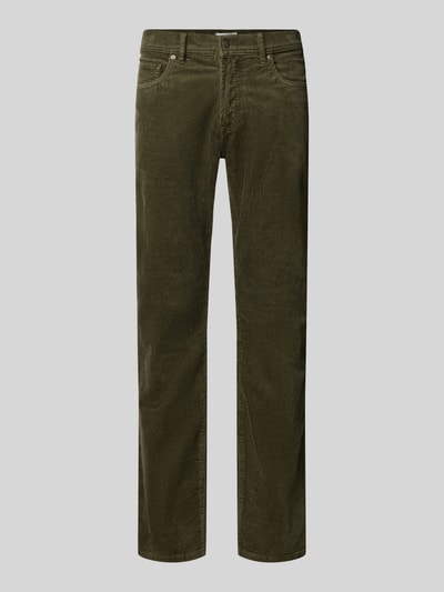 Produktfoto, Straight Fit Cordhose aus elastischem Baumwoll-Mix Modell 'Laval' von Pierre Cardin in Oliv, 5-Pocket-Design, feine Cordstruktur