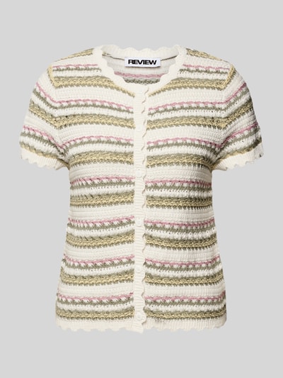 Produktfoto, Gestreiftes Stricktop mit Muschelrand-Detail aus Jacquard von Review, Reine Baumwolle, Regular-Fit, Streifenmuster, Knopfleiste, Rückenlänge 52 cm bei Größe S, cremefarben mit grünen und rosafarbenen Streifen, strukturierte Oberfläche