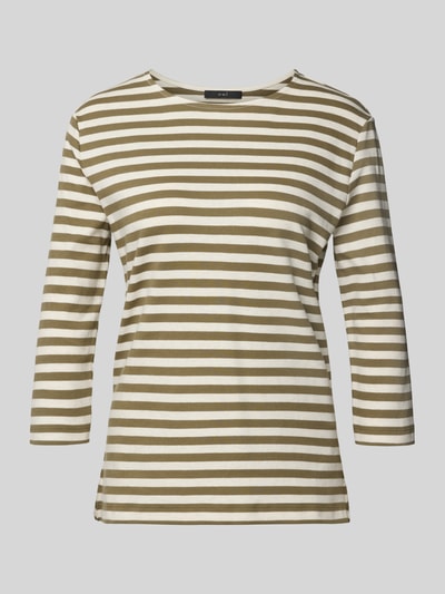 Produktfoto, T-Shirt mit Rundhalsausschnitt und 3/4-Arm von Oui, damski t-shirt z bawełny, krój regular fit, okrągły dekolt, rękaw o dł. 3/4, długość tyłu w rozmiarze 36: 61 cm, beżowe i białe poziome paski, gładka faktura