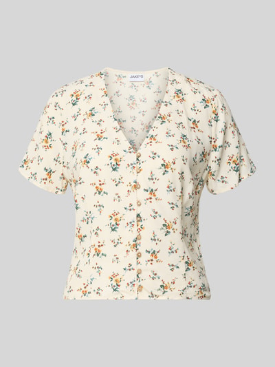 Produktfoto, Slim Fit Bluse aus reiner Viskose von Jake*s Casual, krój slim fit, kwiatowy nadruk na całej powierzchni, dekolt w serek, z krótkim rękawem, listwa guzikowa na całej długości, długość tyłu w rozmiarze 36: 50 cm, długość rękawów w rozmiarze 36: 20 cm