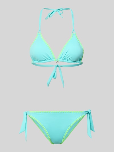 Produktfoto, Bikini mit Stitchings und Schnürung von Banana Moon, türkisgrüner Material-Mix mit Stretch, Details in Gelb, körpernahe Passform