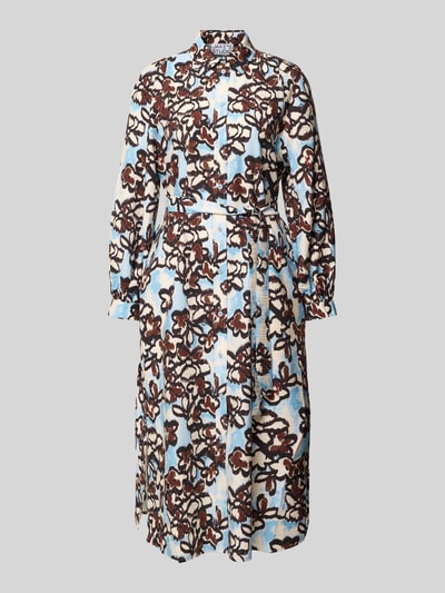 Produktfoto, Hemdblusenkleid aus Viskose-Mix mit Bindegürtel von JAKE*S STUDIO WOMAN, A-Linie, Allover-Blumenmuster, Blau und Braun.