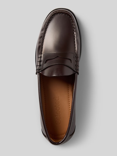 Produktfoto, Loafer aus echtem Leder Modell 'BILLY' von SELECTED HOMME, braunes Glattleder, unifarben, abgerundete Quadratform, Blockabsatz, strukturierte Sohle
