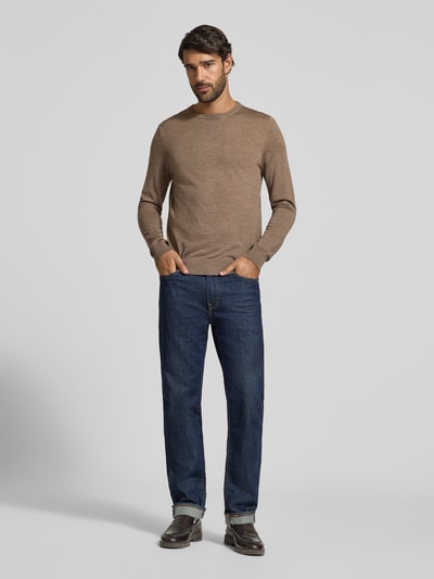 Profuomo regular fit gebreide trui van zuivere wol Middenbruin - 1