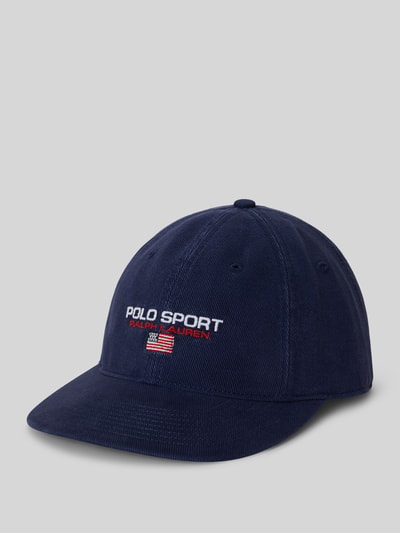Produktfoto, dunkelblaue Basecap aus reiner Baumwolle von Polo Ralph Lauren mit gesticktem Label-Schriftzug, Denimstruktur, eingestickte Luftlöcher.