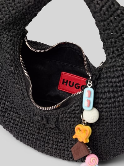 Produktfoto, Henkeltasche aus Strohgeflecht Modell 'ZEYA' von HUGO in schwarzer Stroh-Optik mit Logo-Prägung, Anhänger, Reißverschluss, Hauptfach, Innenfach, Material Papier