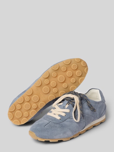 Produktfoto, Low Top Sneaker aus Veloursleder-Mix Modell 'FABIANA 4B' von Marc O'Polo, niebieski kolor, okrągły nosek, płaska podeszwa, sznurowany, dwa różne sznurówki, tłoczone logo, wyprofilowana podeszwa, jednorodna powierzchnia, damski sneaker z mieszanki skóry