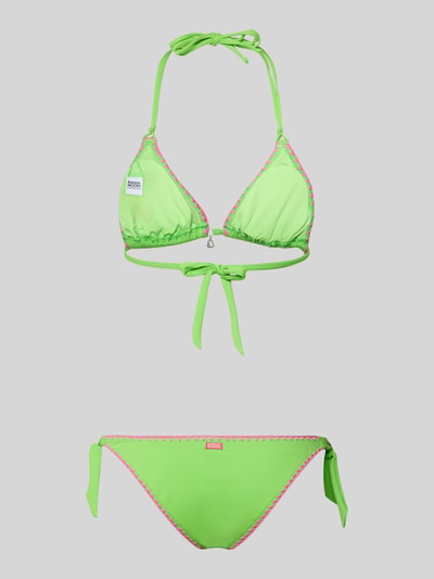 Produktfoto, Bikini mit Stitchings und Schnürung von Banana Moon, zielona tkanina z domieszką stretchu, aplikacja, neckholder, wiązania, label na majtkach, dopasowany krój