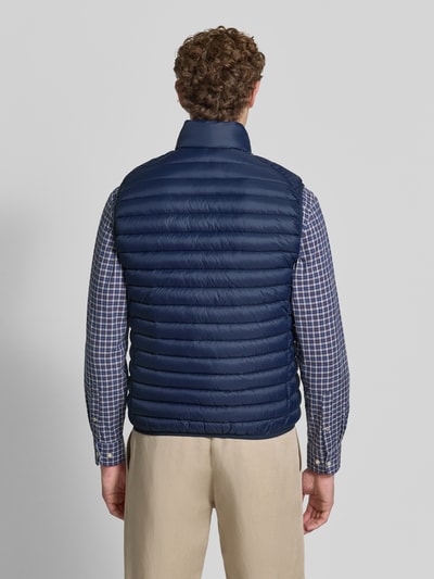 Männermodel trägt Steppweste mit Zweiwege-Reißverschluss Modell 'ADAM' von Save The Duck in Dunkelblau, Regular Fit, Ganzkörperansicht Rückansicht. Rückenlänge 61 cm, Schulterbreite 45 cm, Brustweite 57 cm, Stehkragen, glatte Struktur, gesteppt.