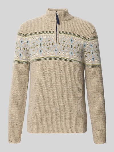 Produktfoto, Norwegerpullover aus Woll-Mix mit Troyer-Kragen von RAGMAN, beige mit grün-blauem Muster, grobe Strickstruktur, Regular Fit