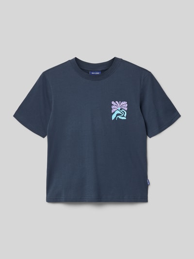Produktfoto, Relaxed Fit T-Shirt aus reiner Baumwolle Modell 'MEMPHIS' von Only & Sons, unifarbenes dunkelblau, kurzer Schnitt, Front-Print, Jersey-Struktur