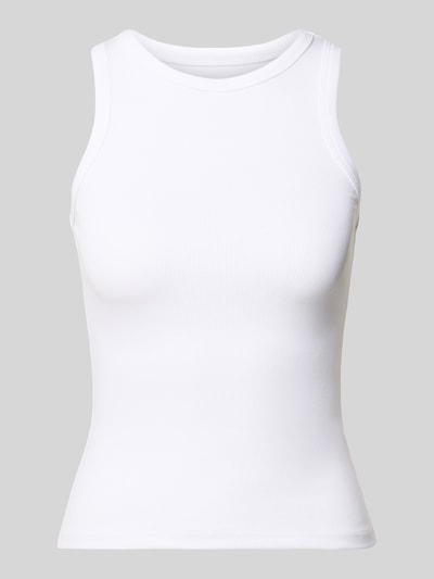 Produktfoto, weißes Tanktop mit Feinripp von REVIEW, körpernahe Passform, Rundhalsausschnitt, Baumwoll-Elasthan-Mix, strukturierte Oberfläche