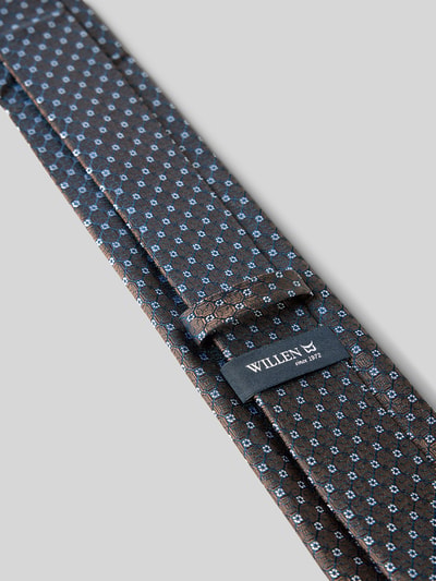 Produktfoto, Seidenkrawatte aus reiner Seide (7,5 cm) von Willen mit Strukturmuster, Label-Detail innen, breite Passform, braun-blau