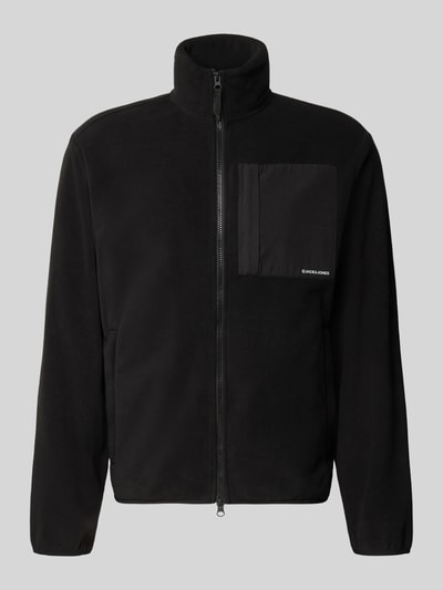 Produktfoto, schwarze Fleecejacke mit Zweiwege-Reißverschluss Modell 'MASON' von JACK & JONES, Stehkragen, Logo, Eingrifftaschen, glatte Textur