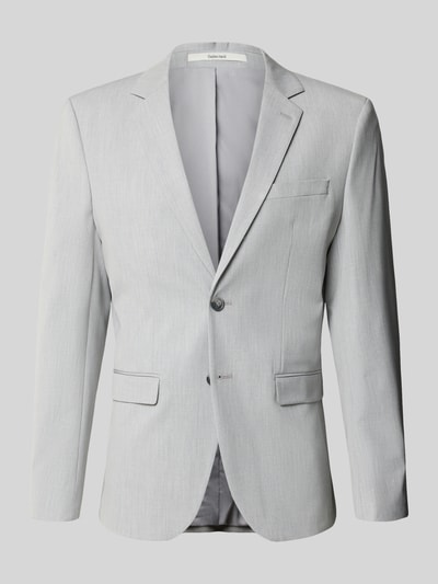 Produktfoto, Slim Fit Sakko mit 2-Knopf-Verschluss von Selected Homme, hellgraue Webware mit feinem Muster und Reverskragen, Vorderansicht.