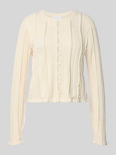 Produktfoto, Strickjacke aus Viskose-Mix von Jake*s Collection in Creme mit Rundhalsausschnitt, geradem Schnitt und Lochstickerei, strukturierte Oberfläche.