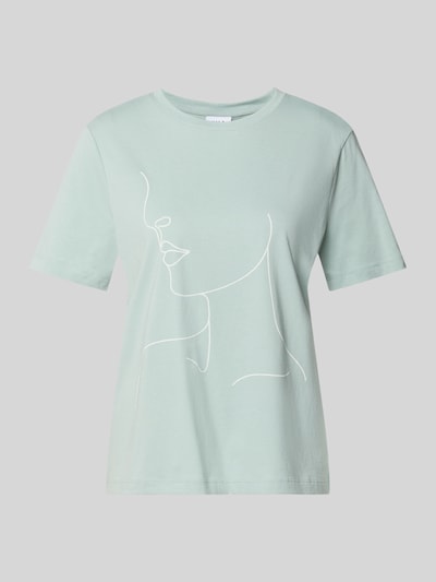 Productfoto, lichtgroen T-shirt met print, ronde hals, puur katoen, regular fit, model 'SYBILLA' van Vila, dames, ruglengte maat S 58 cm