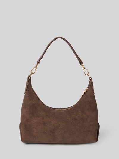 Produktfoto, Schultertasche aus braunem Lederimitat mit Reißverschluss, Logo-Detail, abnehmbarem Riemen, Shoulder Bag in Leder-Optik Modell 'Rena' von Seidenfelt, Hauptfach, Maße: 28x24x10 cm, Riemenlänge 58 cm