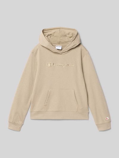 Produktfoto, Hoodie aus Baumwoll-Mix mit Label-Stickerei von CHAMPION in Beige, gerade Passform, Känguru-Tasche, Kapuze, weiche Textur