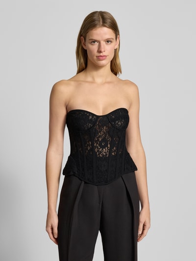 Frauenmodel trägt Corsage aus Spitze Modell 'CRISTO' von Bardot in Schwarz, Material-Mix mit Stretch-Anteil, semitransparent, Off-Shoulder-Look, körpernahe Passform, Ganzkörperansicht von vorne.