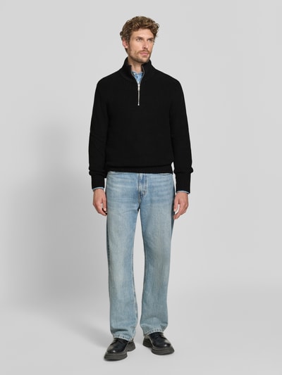 MCNEAL Slim Fit Strickpullover aus reiner Baumwolle mit Troyer-Kragen Black 1